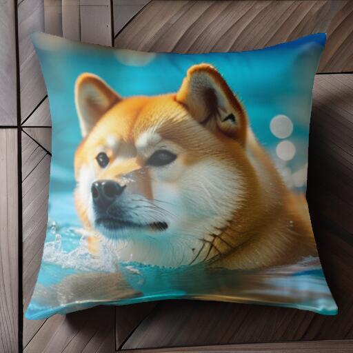 水 柴犬 プール クッションカバー 45×45cm アニマル柄 おしゃれ 可愛い クッション本体付き 正方形 犬..