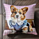 ギンガムチェック コーギー ワンピース クッションカバー 45×45cm アニマル柄 おしゃれ 可愛い クッション本体付き 正方形 犬ファン