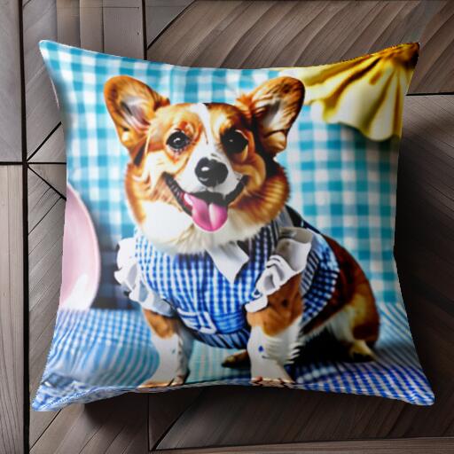 ギンガムチェック コーギー 花柄 皿 クッションカバー 45×45cm アニマル柄 おしゃれ 可愛い クッション..