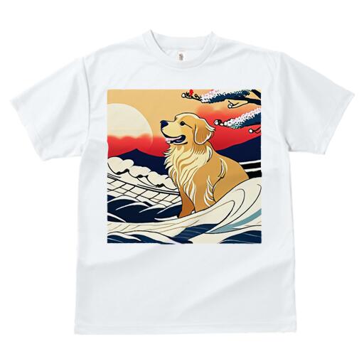 ゴールデンレトリバー Tシャツ レディース 犬ファン 半袖 春夏 犬柄 プリント カジュアル かわいい 人間用 個性派 ここだけのデザイン 面白 波 ゴールデンレトリバー 太陽 梅