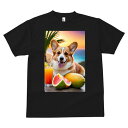 コーギー Tシャツ メンズ キッズ 犬ファン 半袖 春夏 犬柄 プリント カジュアル かわいい 人間用 個性派 ここだけのデザイン 面白 ジュース コーギー スイカ 柑橘類 夕焼け