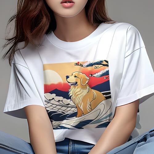 ゴールデンレトリバー Tシャツ レディース 犬ファン 半袖 春夏 犬柄 プリント カジュアル かわいい 人間用 個性派 ここだけのデザイン 面白 波 ゴールデンレトリバー 太陽 梅