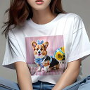 コーギー Tシャツ レディース 犬ファン 半袖 春夏 犬柄 プリント カジュアル かわいい 人間用 個性派 ここだけのデザイン 面白 ひまわり コーギー チェック柄