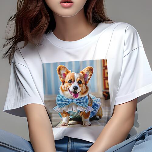 コーギー Tシャツ レディース 犬ファン 半袖 春夏 犬柄 プリント カジュアル かわいい 人間用 個性派 ここだけのデザイン 面白 チェック柄 コーギー リボン