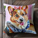 リボン コーギー ワンピース ピンクのストライプの壁 観葉植物 クッションカバー 45×45cm アニマル柄 おしゃれ 可愛い クッション本体付き 正方形 犬ファン