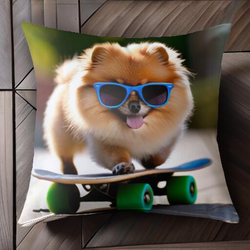 サングラス ポメラニアン スケートボード クッションカバー 45×45cm アニマル柄 おしゃれ 可愛い クッション本体付き 正方形 犬ファン