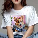 コーギー Tシャツ レディース 犬ファン 半袖 春夏 犬柄 プリント カジュアル かわいい 人間用 個性派 ここだけのデザイン 面白 リボン コーギー ワンピース ピンクのストライプの壁 観葉植物