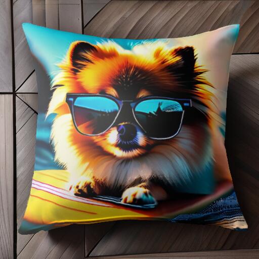 サングラス ポメラニアン サーフボード 海 クッションカバー 45×45cm アニマル柄 おしゃれ 可愛い クッション本体付き 正方形 犬ファン