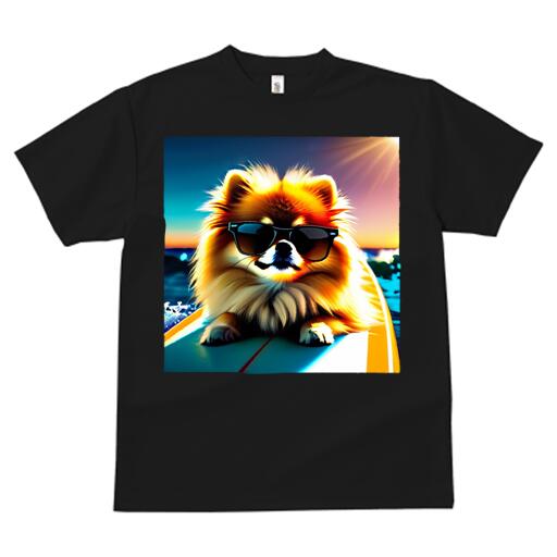 ポメラニアン Tシャツ メンズ キッズ 犬ファン 半袖 春夏 犬柄 プリント カジュアル かわいい 人間用 個性派 ここだけのデザイン 面白 サングラス ポメラニアン サーフボード 海 太陽