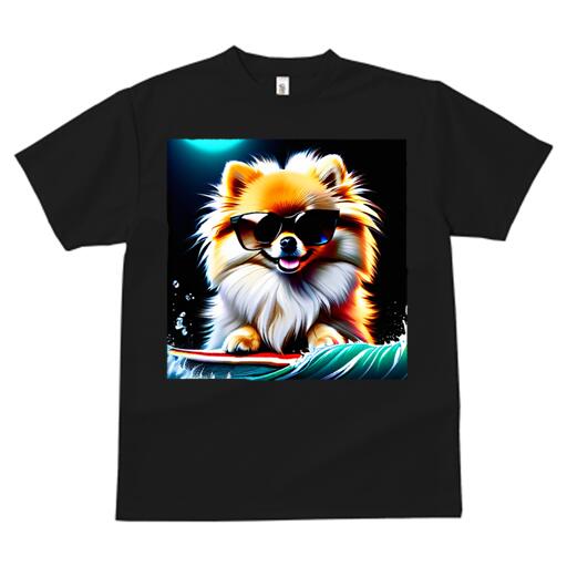 ポメラニアン Tシャツ レディース 犬ファン 半袖 春夏 犬柄 プリント カジュアル かわいい 人間用 個性派 ここだけのデザイン 面白 サングラス ポメラニアン サーフィン 波 夏