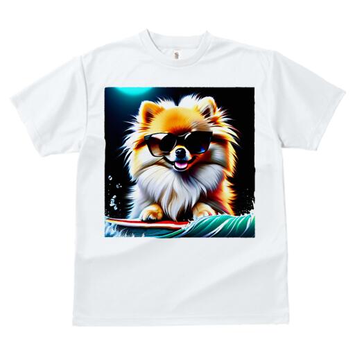 ポメラニアン Tシャツ レディース 犬ファン 半袖 春夏 犬柄 プリント カジュアル かわいい 人間用 個性派 ここだけのデザイン 面白 サングラス ポメラニアン サーフィン 波 夏