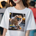 ポメラニアン Tシャツ レディース 犬ファン 半袖 春夏 犬柄 プリント カジュアル かわいい 人間用 個性派 ここだけのデザイン 面白 スケートボード ポメラニアン サングラス(4)