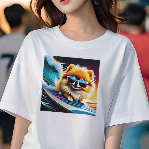 ポメラニアン Tシャツ レディース 犬ファン 半袖 春夏 犬柄 プリント カジュアル かわいい 人間用 個性派 ここだけのデザイン 面白 波 ポメラニアン サーフィン サングラス 海