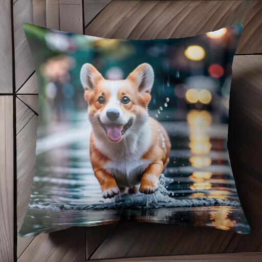 雨 コーギー 水たまり 街 クッションカバー 45×45cm アニマル柄 おしゃれ 可愛い クッション本体付き ..