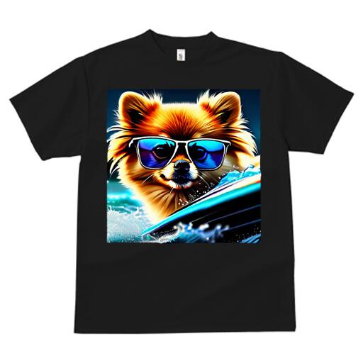 ポメラニアン Tシャツ メンズ キッズ 犬ファン 半袖 春夏 犬柄 プリント カジュアル かわいい 人間用 個性派 ここだけのデザイン 面白 サングラス ポメラニアン 水しぶき ボート