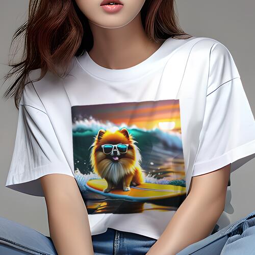 ポメラニアン Tシャツ レディース 犬ファン 半袖 春夏 犬柄 プリント カジュアル かわいい 人間用 個性派 ここだけのデザイン 面白 サーフィン ポメラニアン 海 波 サングラス