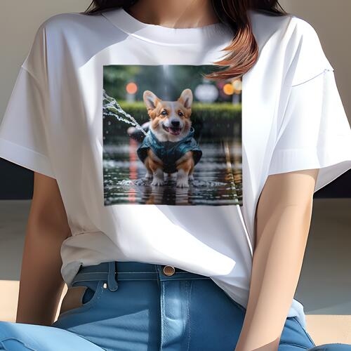 コーギー Tシャツ レディース 犬ファン 半袖 春夏 犬柄 プリント カジュアル かわいい 人間用 個性派 ここだけのデザイン 面白 雨 コーギー レインコート 水たまり 散歩