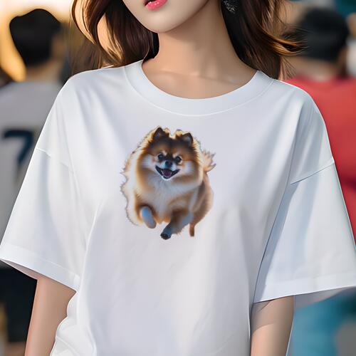 ポメラニアン Tシャツ レディース 犬ファン 半袖 春夏 犬柄 プリント カジュアル かわいい 人間用 個性派 ここだけのデザイン 面白 ふわふわ ポメラニアン かわいい 笑顔 走り