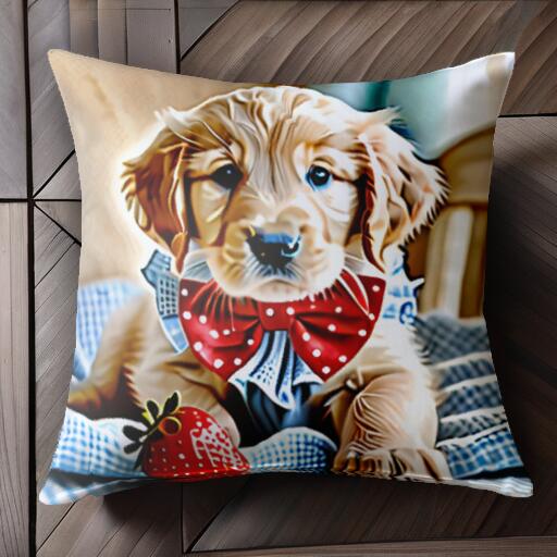 イチゴ ゴールデンレトリバー 蝶ネクタイ チェック柄 クッションカバー 45×45cm アニマル柄 おしゃれ 可愛い クッション本体付き 正方形 犬ファン