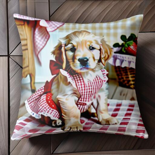 エプロン ゴールデンレトリバー チェック柄 バスケット いちご クッションカバー 45×45cm アニマル柄 ..