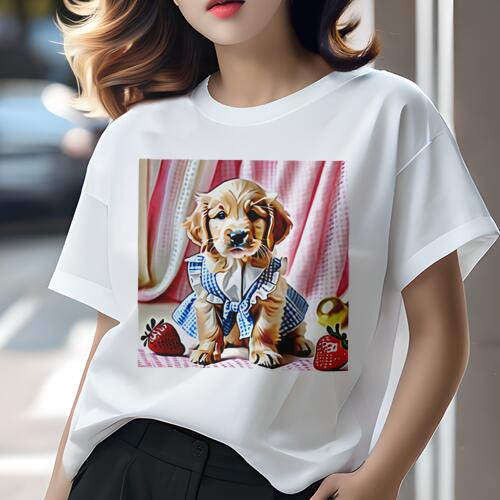 ゴールデンレトリバー Tシャツ レディース 犬ファン 半袖 春夏 犬柄 プリント カジュアル かわいい 人間用 個性派 ここだけのデザイン 面白 イチゴ ゴールデンレトリバー チェック柄 ドッグウェア