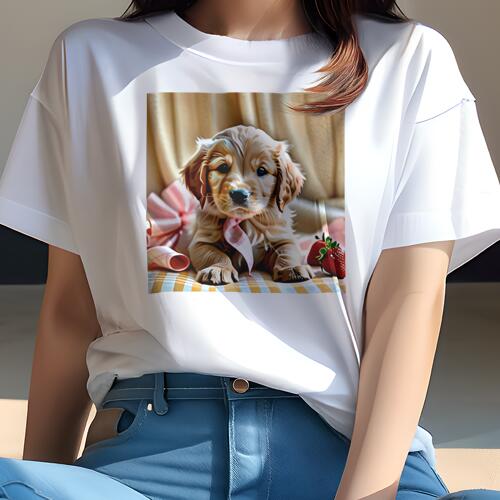 ゴールデンレトリバー Tシャツ レディース 犬ファン 半袖 春夏 犬柄 プリント カジュアル かわいい 人間用 個性派 ここだけのデザイン 面白 リボン ゴールデンレトリバー イチゴ