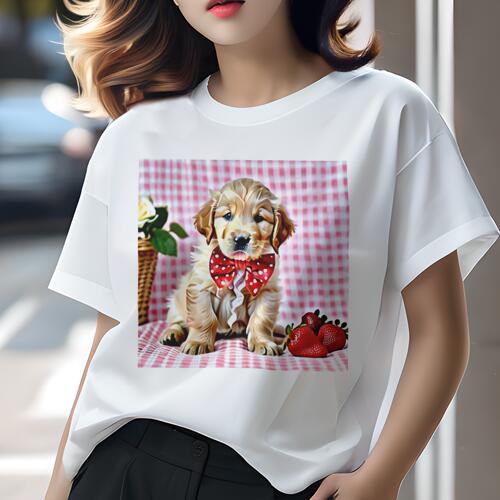 ゴールデンレトリバー Tシャツ レディース 犬ファン 半袖 春夏 犬柄 プリント カジュアル かわいい 人間用 個性派 ここだけのデザイン 面白 イチゴ ゴールデンレトリバー 薔薇 バスケット ギンガムチェック