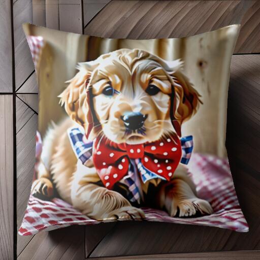 蝶ネクタイ ゴールデンレトリーバー 赤と白のギンガムチェック クッションカバー 45×45cm アニマル柄 おしゃれ 可愛い クッション本体付き 正方形 犬ファン