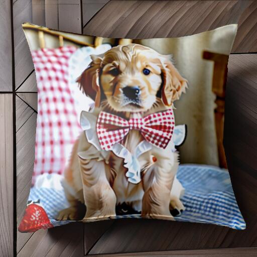 イチゴ ゴールデンレトリバー ギンガムチェック 蝶ネクタイ ベッド クッションカバー 45×45cm アニマル柄 おしゃれ 可愛い クッション本体付き 正方形 犬ファン