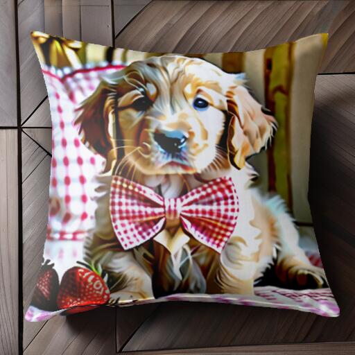 イチゴ ゴールデンレトリバー 蝶ネクタイ チェック柄 クッションカバー 45×45cm アニマル柄 おしゃれ 可愛い クッション本体付き 正方形 犬ファン