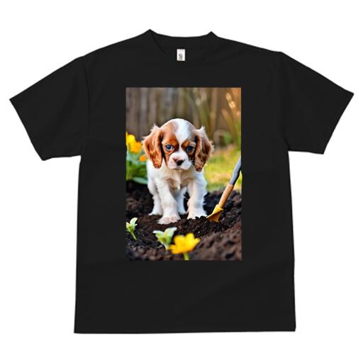 キャバリア Tシャツ メンズ キッズ 犬ファン 半袖 春夏 犬柄 プリント カジュアル かわいい 人間用 個性派 ここだけのデザイン 面白 庭 キャバリア 花 土 シャベル