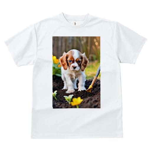 キャバリア Tシャツ メンズ キッズ 犬ファン 半袖 春夏 犬柄 プリント カジュアル かわいい 人間用 個性派 ここだけのデザイン 面白 庭 キャバリア 花 土 シャベル