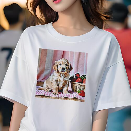 ゴールデンレトリバー Tシャツ レディース 犬ファン 半袖 春夏 犬柄 プリント カジュアル かわいい 人間用 個性派 ここだけのデザイン 面白 イチゴ ゴールデンレトリバー バスケット ピンクのストライプ