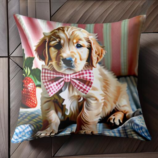 イチゴ ゴールデンレトリバー 蝶ネクタイ クッションカバー 45×45cm アニマル柄 おしゃれ 可愛い クッション本体付き 正方形 犬ファン