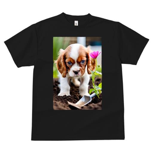 キャバリア Tシャツ レディース 犬ファン 半袖 春夏 犬柄 プリント カジュアル かわいい 人間用 個性派 ここだけのデザイン 面白 花 キャバリア 庭 土 スコップ
