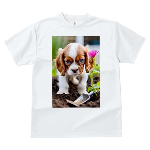 キャバリア Tシャツ レディース 犬ファン 半袖 春夏 犬柄 プリント カジュアル かわいい 人間用 個性派 ここだけのデザイン 面白 花 キャバリア 庭 土 スコップ
