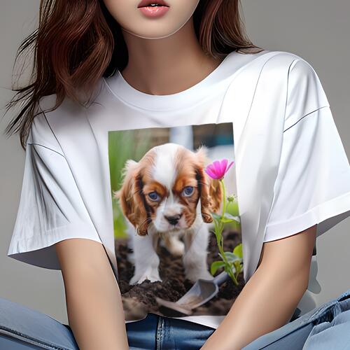 キャバリア Tシャツ レディース 犬ファン 半袖 春夏 犬柄 プリント カジュアル かわいい 人間用 個性派 ここだけのデザイン 面白 花 キャバリア 庭 土 スコップ