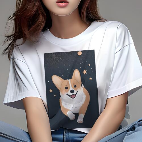 楽天フロントップ楽天市場店コーギー Tシャツ レディース 犬ファン 半袖 春夏 犬柄 プリント カジュアル かわいい 人間用 個性派 ここだけのデザイン 面白 星 コーギー 月 夜空 キラキラ