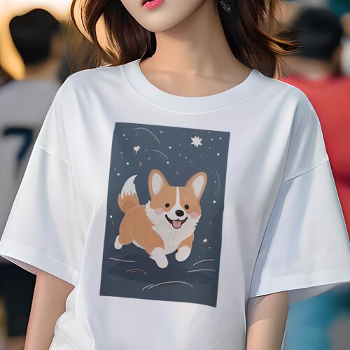 コーギー Tシャツ レディース 犬ファン 半袖 春夏 犬柄 プリント カジュアル かわいい 人間用 個性派 ここだけのデザイン 面白 星 コーギー 夜空 かわいい イラスト