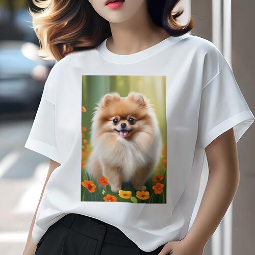 ポメラニアン Tシャツ レディース 犬ファン 半袖 春夏 犬柄 プリント カジュアル かわいい 人間用 個性派 ここだけのデザイン 面白 花 ポメラニアン 草