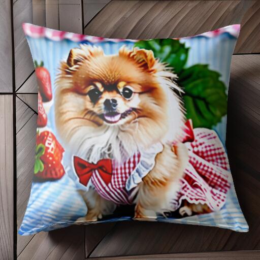 イチゴ ポメラニアン チェック柄 リボン ドッグウェア クッションカバー 45×45cm アニマル柄 おしゃれ ..