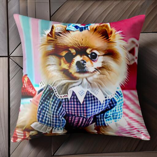 イチゴ ポメラニアン チェック柄 リボン クッションカバー 45×45cm アニマル柄 おしゃれ 可愛い クッション本体付き 正方形 犬ファン