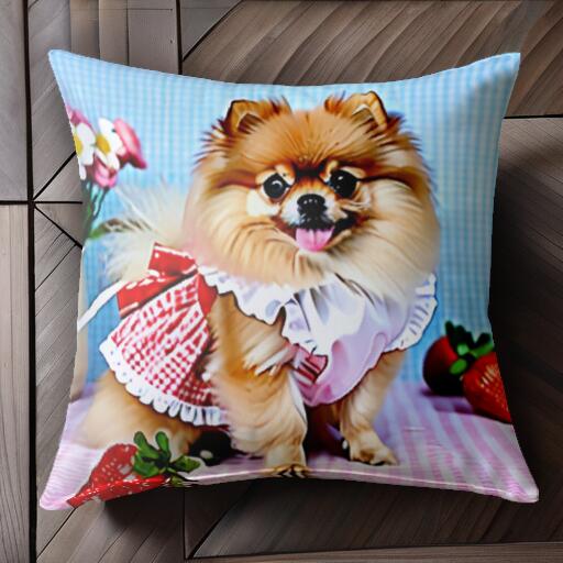 花 ポメラニアン いちご クッションカバー 45×45cm アニマル柄 おしゃれ 可愛い クッション本体付き 正方形 犬ファン