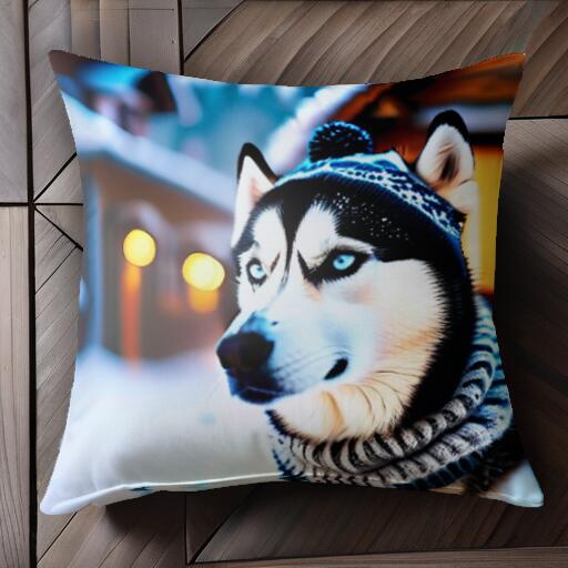 ニット帽 シベリアンハスキー マフラー 冬 雪 クッションカバー 45×45cm アニマル柄 おしゃれ 可愛い クッション本体付き 正方形 犬ファン