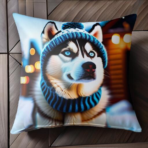 ニット帽 ハスキー 冬 雪 クッションカバー 45×45cm アニマル柄 おしゃれ 可愛い クッション本体付き 正方形 犬ファン