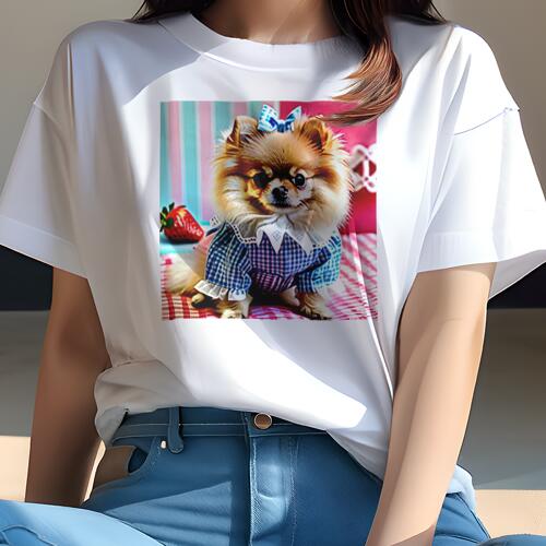 ポメラニアン Tシャツ レディース 犬ファン 半袖 春夏 犬柄 プリント カジュアル かわいい 人間用 個性派 ここだけのデザイン 面白 イチゴ ポメラニアン チェック柄 リボン
