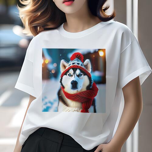 シベリアンハスキー Tシャツ レディース 犬ファン 半袖 春夏 犬柄 プリント カジュアル かわいい 人間用 個性派 ここだけのデザイン 面白 帽子 シベリアンハスキー スカーフ 冬 雪