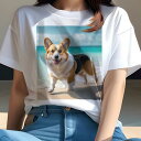 コーギー Tシャツ レディース 犬ファン 半袖 春夏 犬柄 プリント カジュアル かわいい 人間用 個性派 ここだけのデザイン 面白 海 コーギー ビーチ 夏 休暇