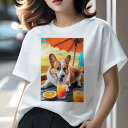 コーギー Tシャツ レディース 犬ファン 半袖 春夏 犬柄 プリント カジュアル かわいい 人間用 個性派 ここだけのデザイン 面白 オレンジジュース コーギー ビーチパラソル 海