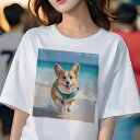 コーギー Tシャツ レディース 犬ファン 半袖 春夏 犬柄 プリント カジュアル かわいい 人間用 個性派 ここだけのデザイン 面白 ビーチ コーギー 海 夏 休暇